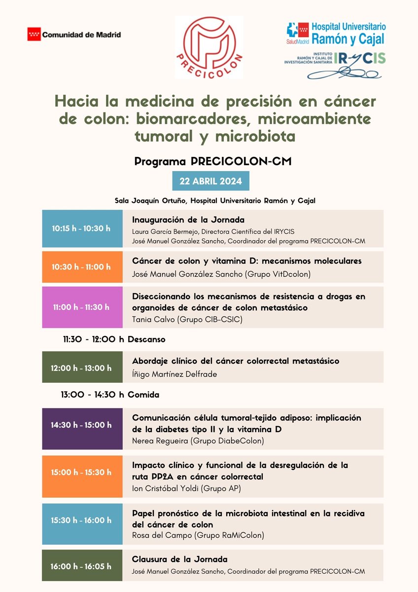 🔴Jornada científica sobre cáncer de colon organizada por el grupo del Dr. Alberto Muñoz del #IIBmCSICUAM 🔷Programa PRECICOLON-CM @ComunidadMadrid 📆 Lunes 22 abril ⌚️10:15 📍Hospital Universitario Ramón y Cajal Ánimate a asirtir 👇