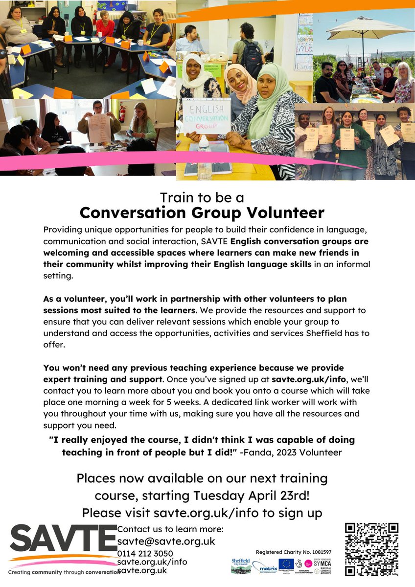 Only 3 places left on our volunteer training course, starting next Tuesday and running for 5 weekly sessions. Help people in your community learn to speak English, in a fun and friendly community conversation group. Sign up today at savte.org.uk/volunteering/