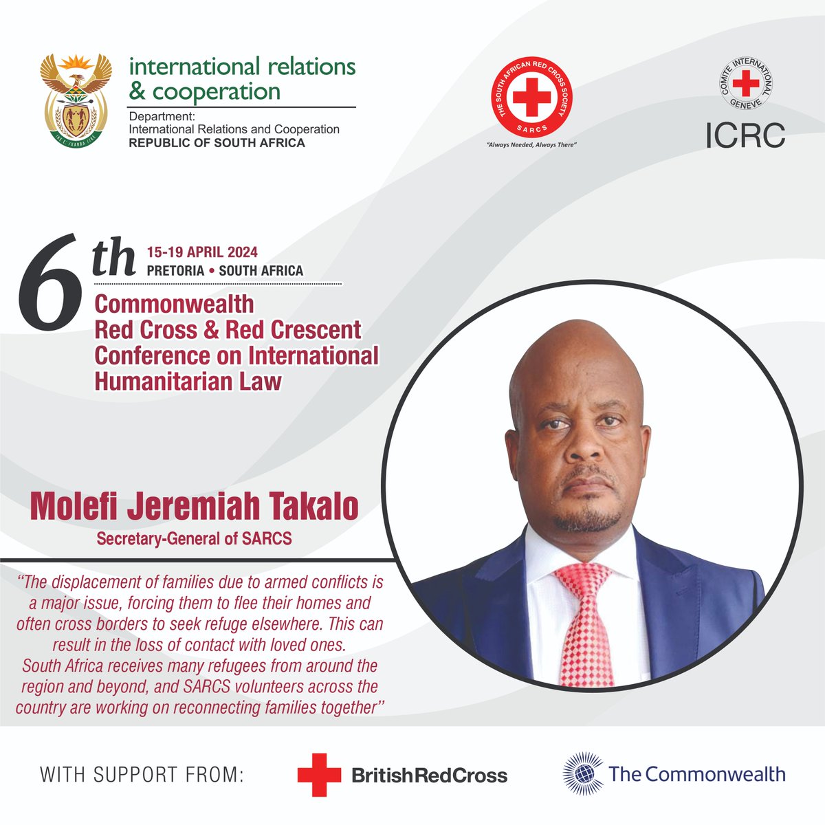 Speaking at the Commonwealth Conference, @molefi_taka shared how the @SARedCross has been instrumental in alleviating the suffering of those displaced by armed conflict elsewhere. He praised the work done by volunteers on the ground who reconnect families daily! #Humanity
