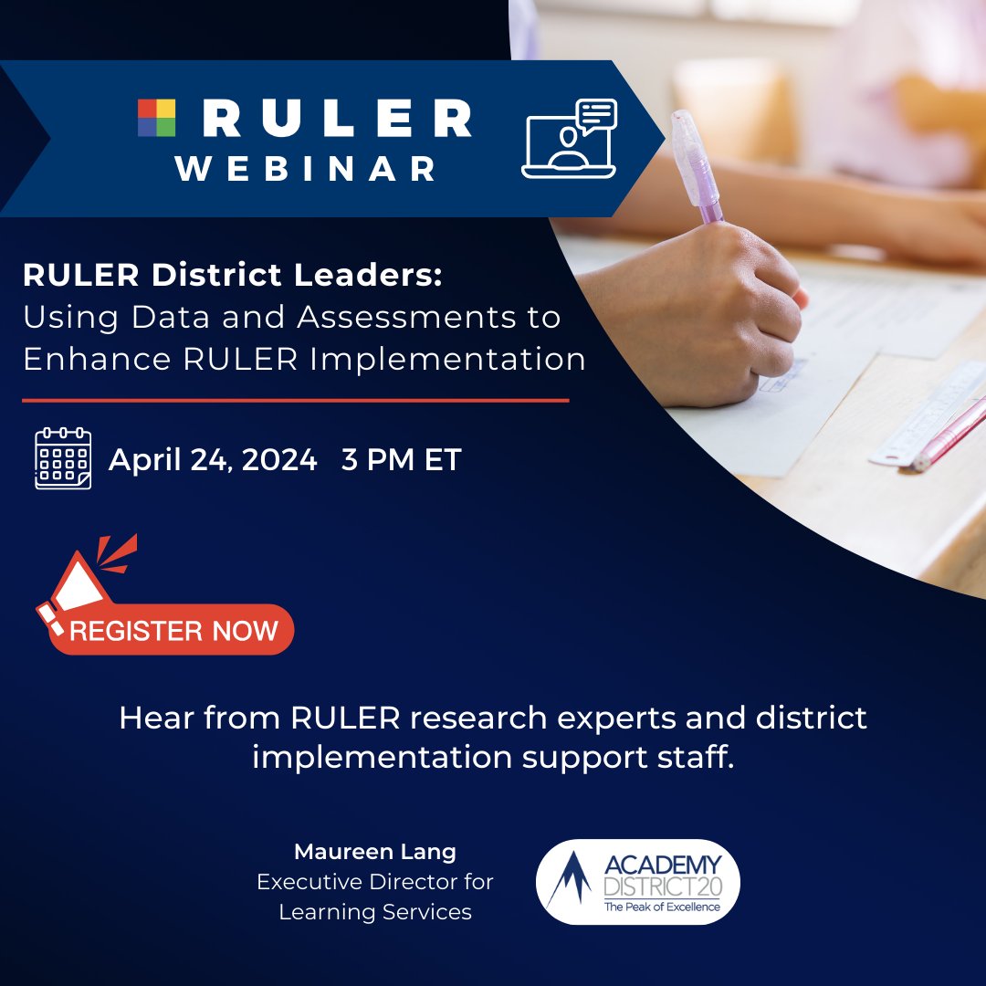 Join us on 4/24 at 3:00 PM ET for a RULER webinar for district leaders, on leveraging data & assessments to enhance districtwide RULER implementation. Gain insights from @AcademyD20’s Executive Director for Learning Services, Maureen Lang. ruler.online/announcements