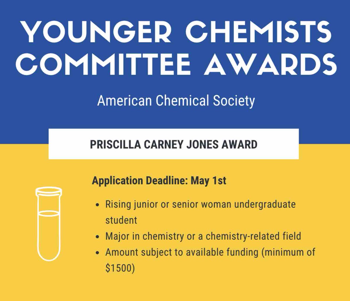 Applications are open for the Priscilla Carney Jones Award! This award was established to provide scholarships for female students starting their junior year in the field of chemistry or related disciplines. Apply now acs.org/funding/schola…