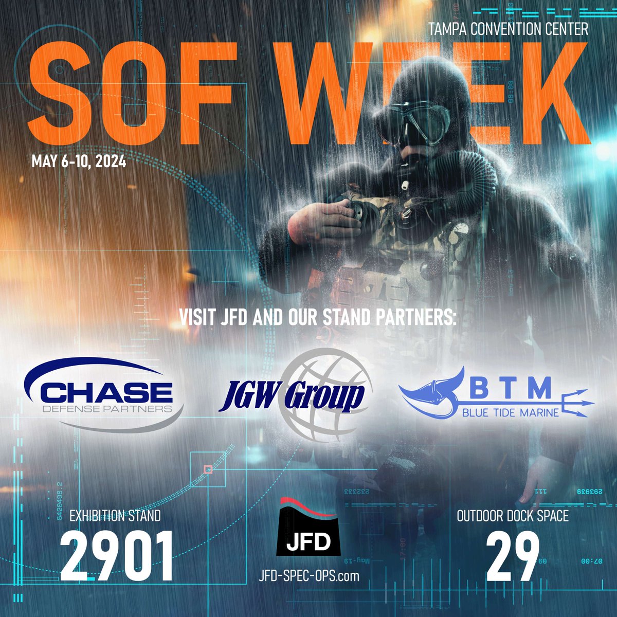 We are thrilled to be exhibiting alongside our partners JGW, Chase Defense Partners and Blue Tide Marine on booth '2901' at SOF Week 2024. To schedule a meeting with the team please email jfdevents@jfdglobal.com #SOFweek2024 #JFDspecops #LifeSupportSystems #TeamJFD