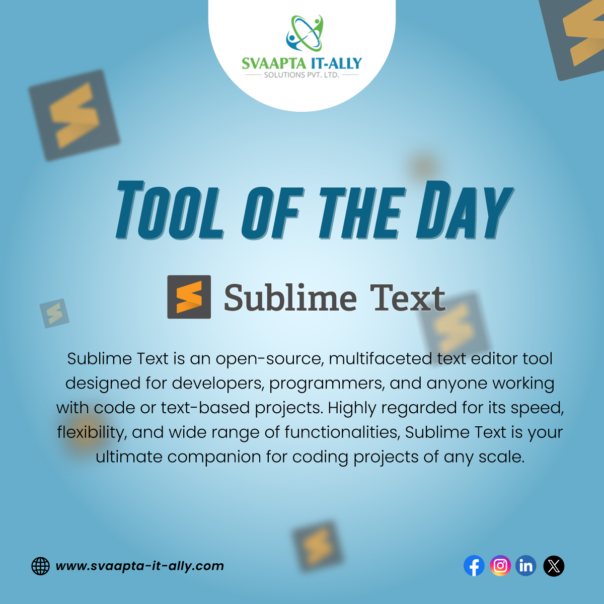 svaapta_it_ally's tweet photo. 🛠️ Tool of the Day: Sublime Text

Elevate your coding game with Sublime Text! 🚀 Whether you're a pro developer or just starting out, its speed and versatility make it perfect for any project. 

#SoftwareDeveloper #marketingtools #webdevelopers #websitecoding  #developers https://t.co/pPaHddPiT7