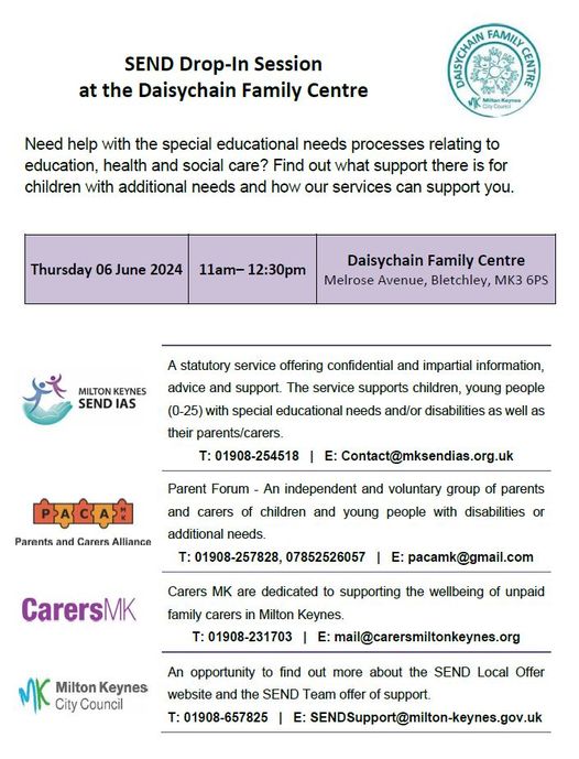 We will be at the SEND Drop-In Session on 6th June, 11am – 12.30pm at the Daisychain Family Centre, along with MK SENDIAS, @PacaMk and @mkcouncil Local Offer.

Find out what support there is for children with additional needs and how our services can support you.

#parentcarers