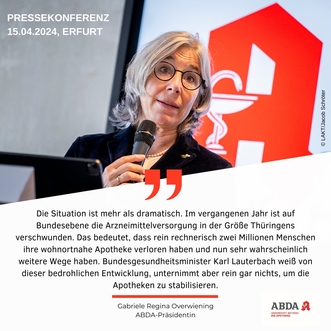 500 Apotheken in einem Jahr weniger – Apothekerschaft kündigt neue Proteste an.
Eröffnungsstatement der ABDA-Präsidentin auf der Pressekonferenz in Erfurt, die im Vorfeld des 17. Thüringer Apothekertages stattgefunden hat 👇
youtube.com/watch?v=T4xMSW