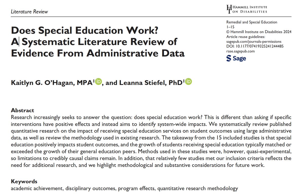 New literature review (doi.org/10.1177/074193…) of findings across 15 studies analyzing administrative data including using quasi-experimental methods reports overall positive effects associated with receiving special education services. #disabilities #Schools