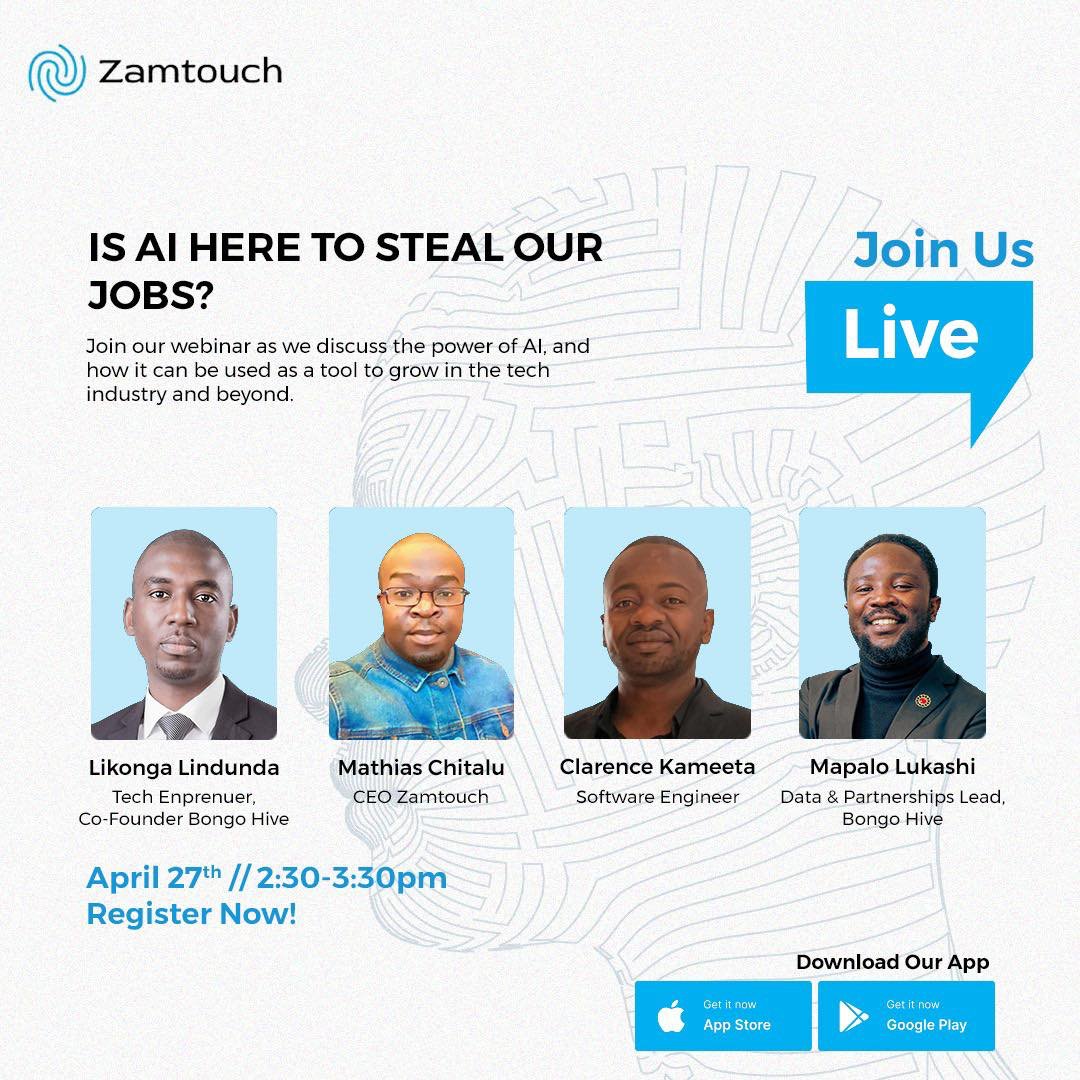 Is AI here to take our jobs? On the 27th of April, our Co-founder and Executive Director @lukonga joins @zamtouch_zm to share insights on navigating work and AI in an educative webinar. Time: 2:30pm Where: Google Meet Register: learn.zamtouch.co.zm/webinar/1
