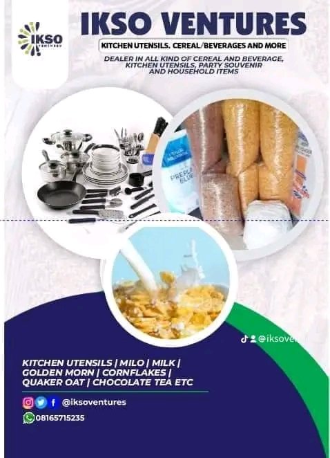 My name is Faithrine of @Iksoventures,
I sell Hygienically measured cereals, beverages, spaghetti& macaroni.
I sell kitchen utensils, household items & Souvenir for parties.

I deliver world-wide.
Pls patronize me, refer me and kindly help me retweet. @_akurehowfar
@_Mayowa_Sam