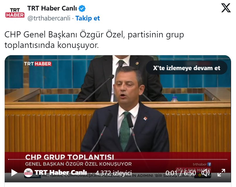 TRT, Özgür Özel'in grup konuşmasının 7 dakikasını canlı yayınladı.