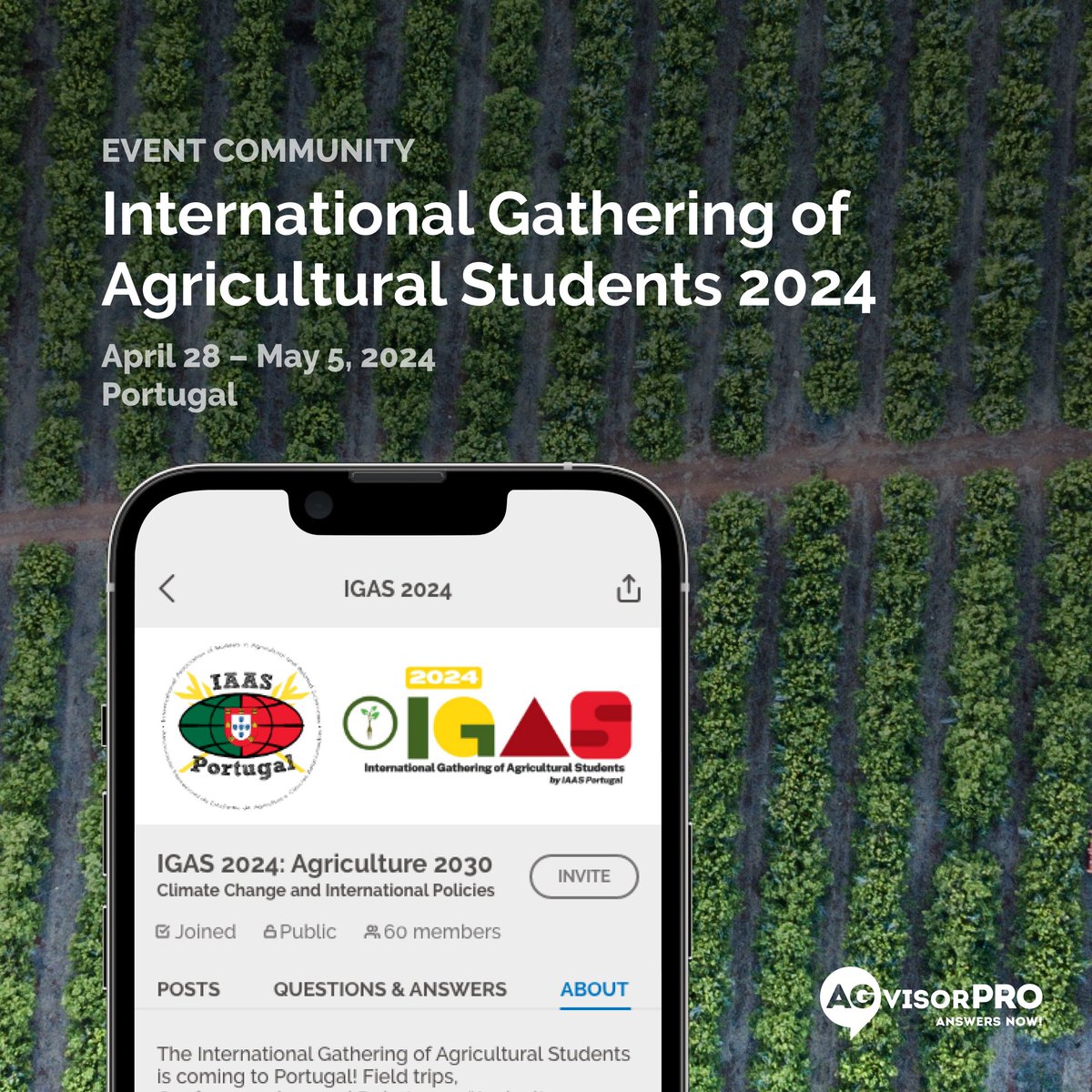 FOR IMMEDIATE RELEASE: AGvisorPRO is teaming up with IAAS Portugal for the 2024 International Gathering of Agriculture Students (IGAS)! 🌍 Explore the future of agriculture on AGvisorPRO, the official event community platform! Full PR: remote.ag/3xKe9uB