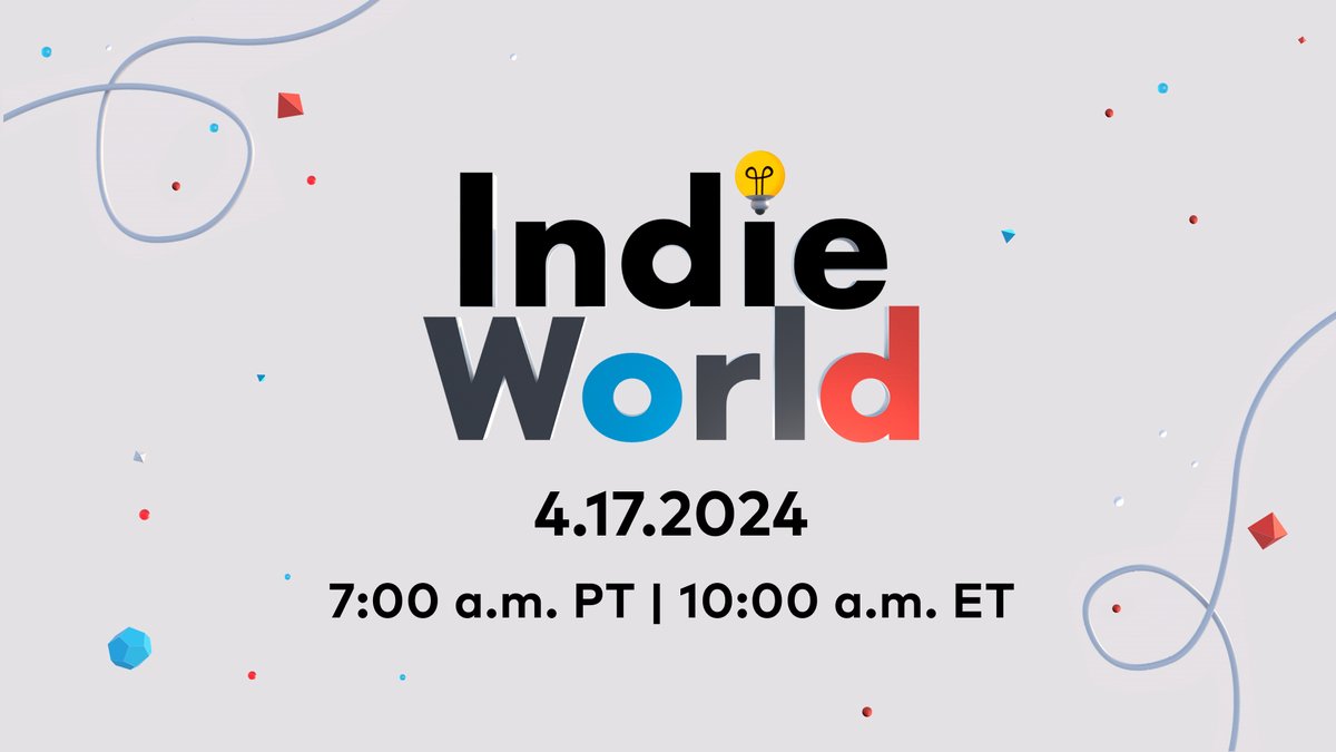 New #IndieWorld Showcase incoming! 💡 Tune in tomorrow, 4/17 at 7am PT for roughly 20 minutes of announcements and updates on indie games headed to #NintendoSwitch in 2024. Watch live here: ninten.do/6011Y6YGL