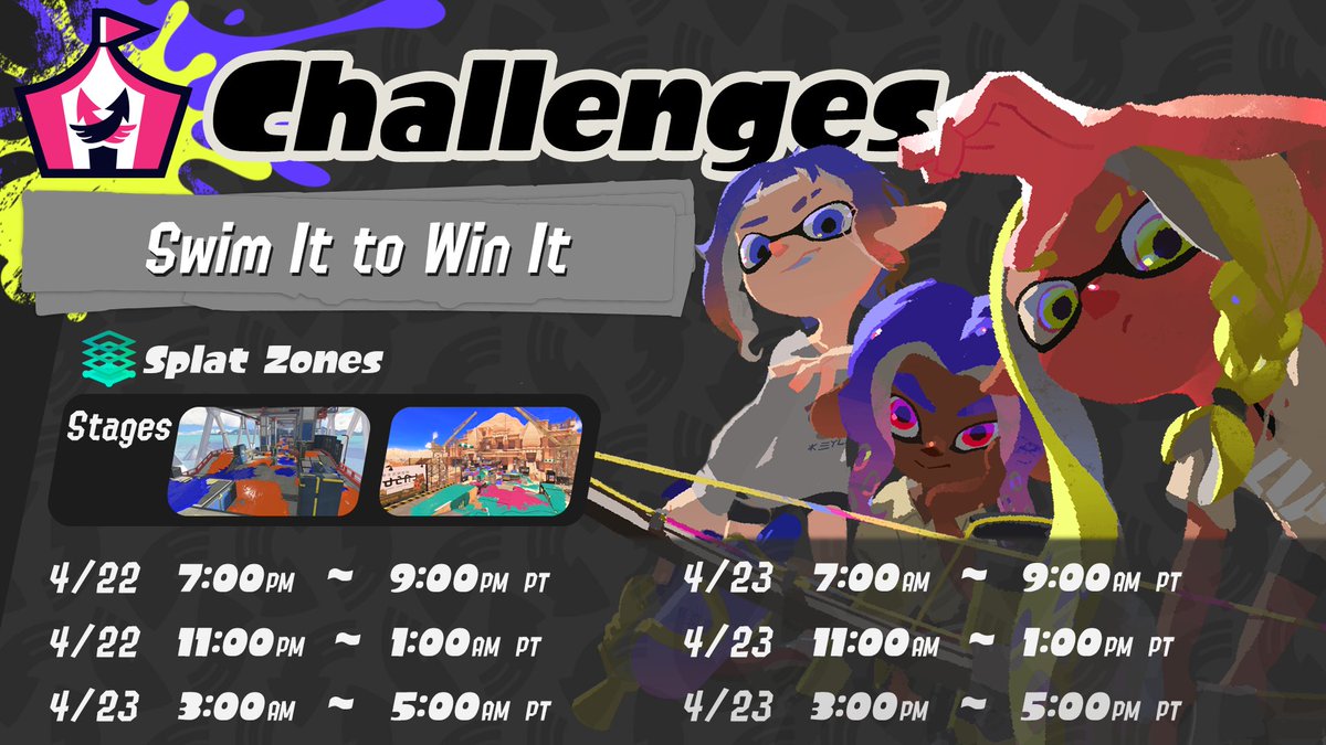 The Swim It to Win It Challenge splashes down from 4/22 to 4/23. During this challenge you can swim in ink even faster than with the max-leveled Swim Speed Up ability! Secure your Splat Zone and criss-cross the stage with your swift swimming!
