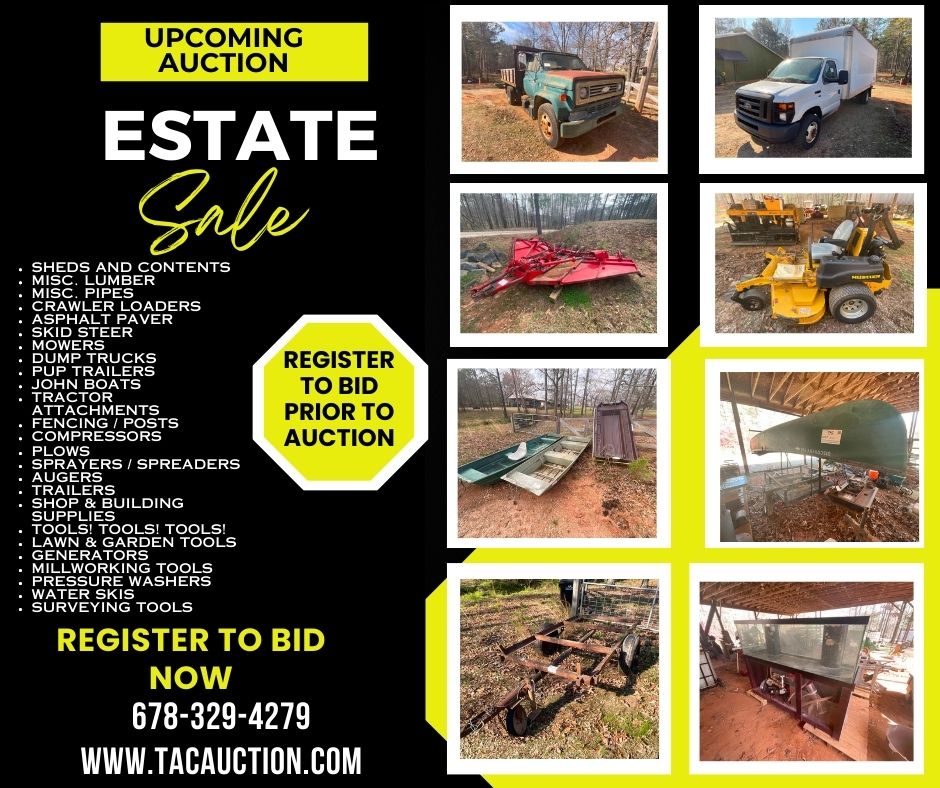 Estate Auction - April 18th

Heavy Equipment, Farm Equipment, Shop Tools, Toolboxes and Much More!

Apr 18, 2024 01:00 PM ET

#TACAuction #EstateSale #Onlineauction #Tools #HeavyEquipment #Farmequipment #Sheds #Pipes #HVACSupplies #Trailers #Attachments #Boats #Lawncare