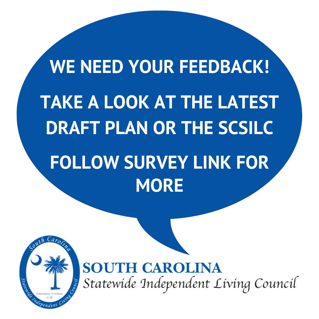 DisabilityNDSC's tweet photo. Your feedback is needed! The South Carolina Statewide Independent Living Council has drafted a new plan for 2024 - 2027. Let us know if we are on the right track! This survey will remain open until April 23rd: https://t.co/FaV3lfSb2m https://t.co/CkjobC4q5w