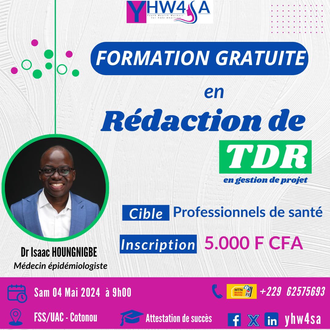 reseauyhw4sa's tweet photo. Les Termes De Référence (*TDR*) sont des documents qui définissent le but, la structure, les propriétés et les méthodes d'un projet. Le @reseauyhw4sa organise une formation sur la rédaction d’un TDR.
Inscription via:
https://t.co/YaaEDb9FMn https://t.co/ikBfbmwrgO