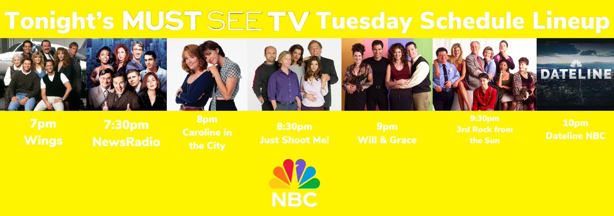 Here’s what’s on tonight #MustSeeTV Tuesday we got #Wings, #NewsRadio, #CarolineInTheCity, #JustShootMe, #WillAndGrace, #3rdRock and a bonus news #DatelineNBC so watch it on #NBC beginning and starting at 7pm! 🙂😎🕶️🛋️📺
#WingsTV #3rdRockFromTheSun @DatelineNBC @nbc #NBCTV