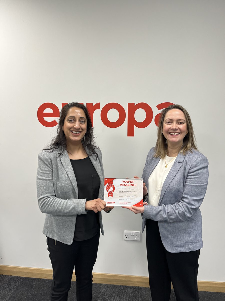 Our team is full of Europa Legends which is why we run our long-service programme, 'Europa Legends', to shine a spotlight on them! Sonal (pictured left) has been at Europa for 10 years and we'd like to wish her a huge congratulations👏 #Team #Legend #LongService