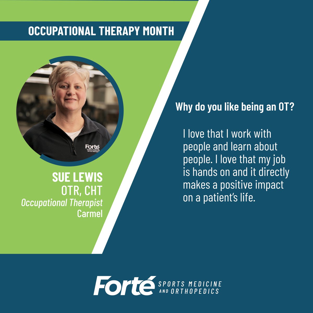 We are celebrating Occupational Therapy Month! Sue Lewis is an Occupational Therapist in our Carmel Forté office. Her favorite injury to treat is fractures, though she loves treating most injuries. Thank you for your attentive care to our patients, Sue! #BackToYourForte #OTMonth