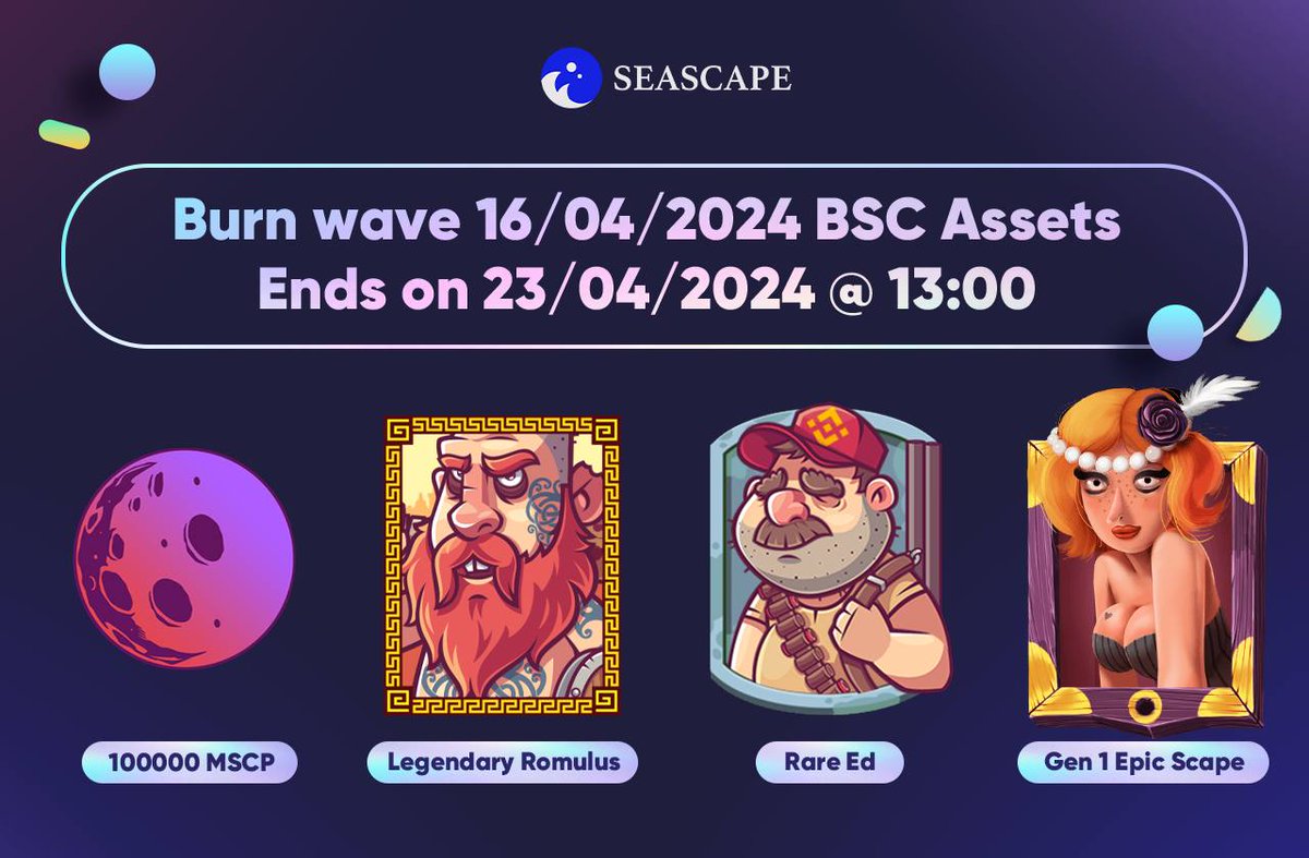 🌊 This week's @BNBCHAIN NFT Burn Wave Starts Now! For the next 7 days, can burn these BNB Chain assets for PermaPoints to use in @BLOCKLORDS and future Seascape titles: 🔹 100000 MSCP 🔹 Legendary Romulus 🔹 Rare Ed 🔹 Gen 1 Epic Scape 🔥 Feel the burn!