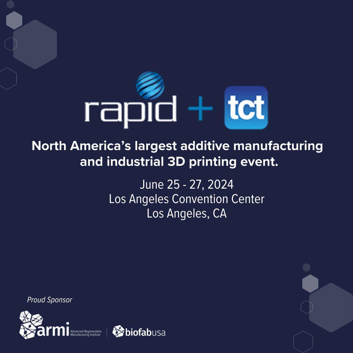 Join #ARMIBioFabUSA at the #RAPIDTCT Conference, North America's premier event for additive manufacturing and 3D printing, on June 25-27, 2024, in LA. Don't miss out on shaping the future of manufacturing! ow.ly/cxSZ50QAkpn #AdditiveManufacturing