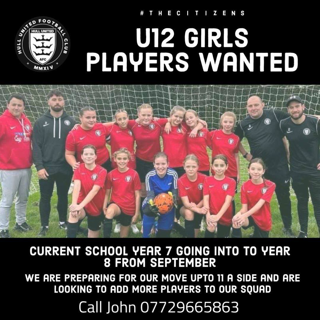 U12 girls players wanted! Current school year 7 going in to year 8 in September. As we move to 11v11 we are looking to add some new faces to our squad. If your interested call John 07729665863