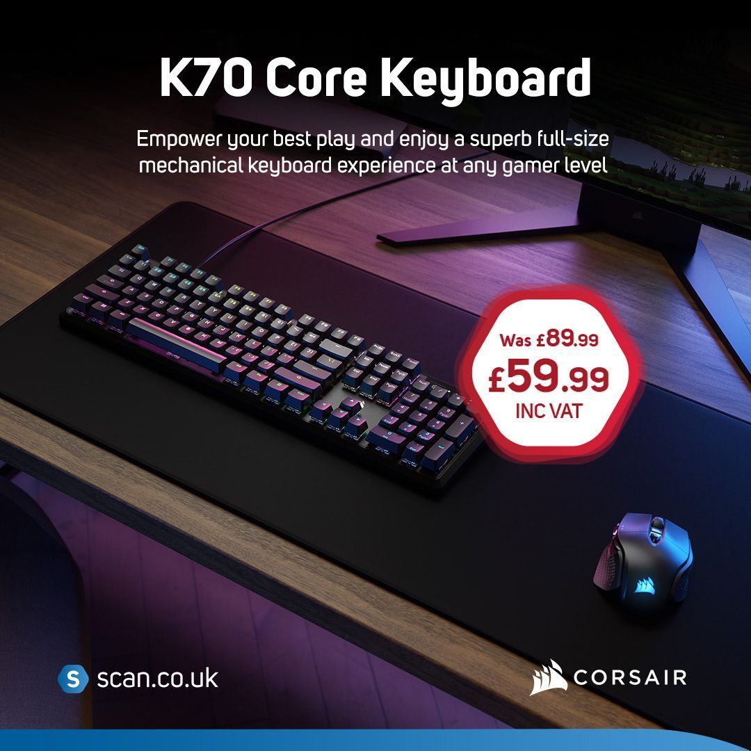This is an AMAZING Deal! For a limited time only on the Corsair K70 Core Mechanical Keyboard -> buff.ly/4aV1ELb Featuring silky smooth CORSAIR Red linear mechanical switches and two layers of sound-dampening foam for a superior typing sound and feel.