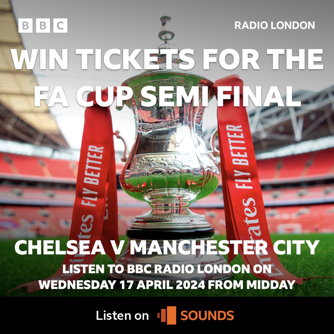 Your chance to be at Chelsea vs Manchester City FA Cup Semi-final at Wembley on Saturday 20th April. Listen to BBC Radio London from 12.15pm on Wednesday 17 April 2024. For full terms, conditions and our privacy notice: bbc.in/3JkYDZ2