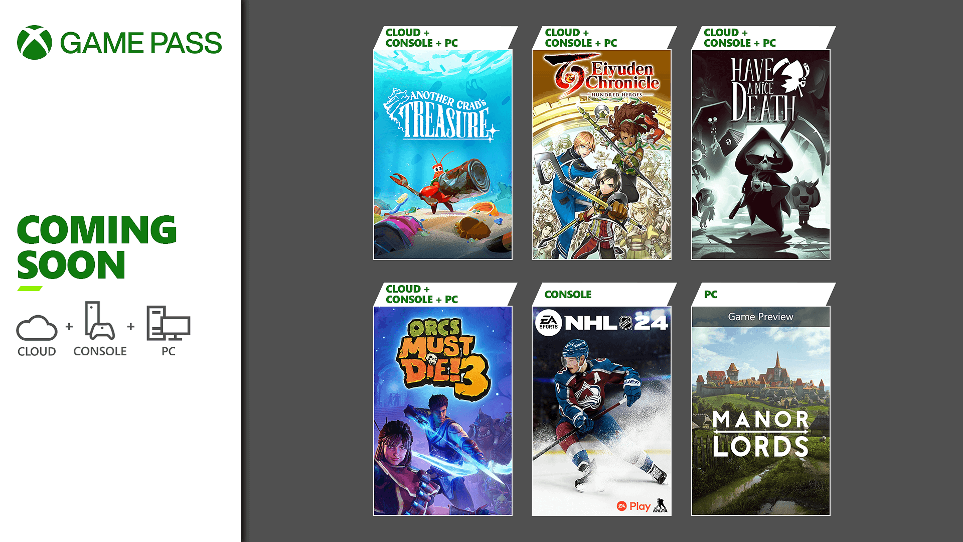 Another Crab's Treasure, Eiyuden Chronicle: Hundred Heroes, Have a Nice Death, Orcs Must Die! 3, NHL 24, and Manor Lords are coming soon to Xbox Game Pass.