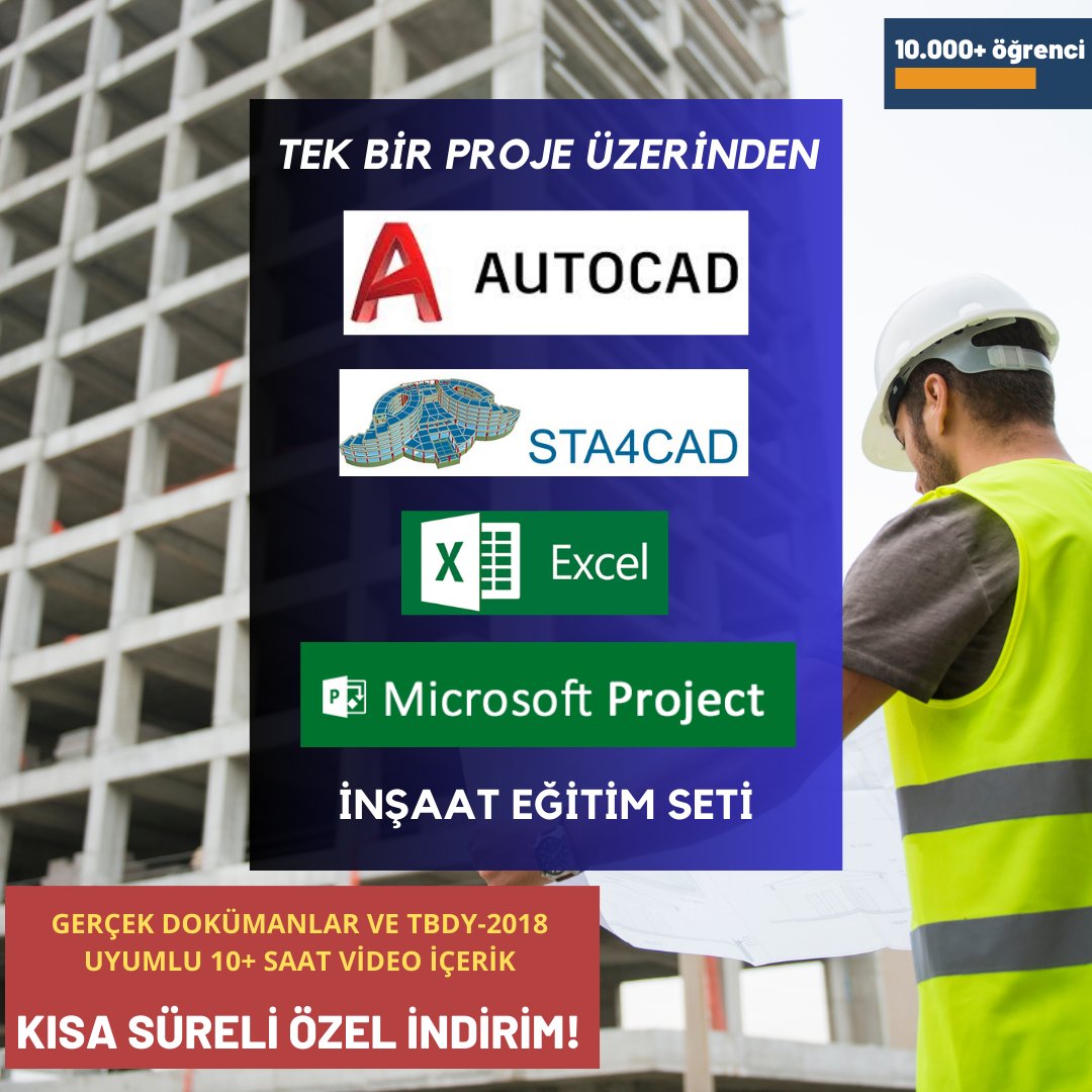 Bir inşaat projesinin aşamaları üzerinden AUTOCAD, STA4CAD, EXCEL ve MS PROJECT programlarının tek pakette anlatıldığı 'Tüm Aşamalarıyla İnşaat Eğitimi' seti şimdi kısa süreli indirimde! udemy.com/course/insaat-… @insaatdr