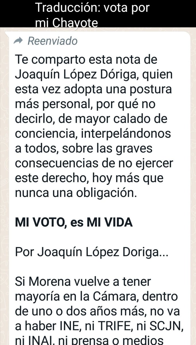 Circula por Whatsapp: 'Cuando votes házlo pensando en mi Chayote'.