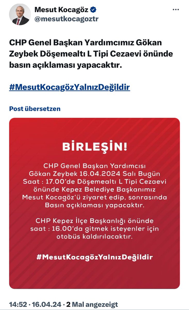 AKP’nin Teleferik kazasının faturasını üzerine yıktığı CHPli Kepez Belediye Başkanı @mesutkocagoztr #MesutKocagözYalnızDeğildir diye etiket açmış. Kusura bakmasın ama DEM’in Van’da aldığı aksiyon gibi bir eylem yapmazlarsa yalnız kalır. CHP’de de o heyacanı görmüyorum. Unuturlar.