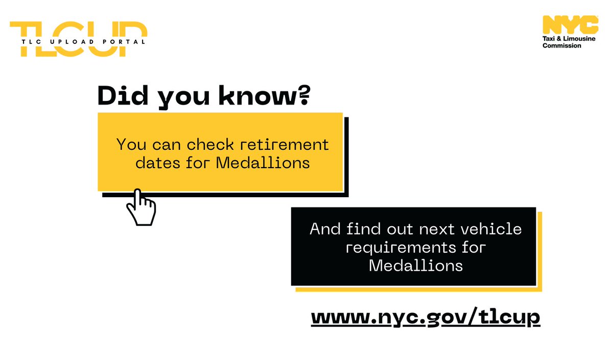 Medallion Owners: TLC’s Upload Portal, TLC UP, is a quick, easy, and convenient way to access your medallion information, like retirement dates and next vehicle requirements. 🔗 Log in to TLC Up today: on.nyc.gov/2H7bhfT