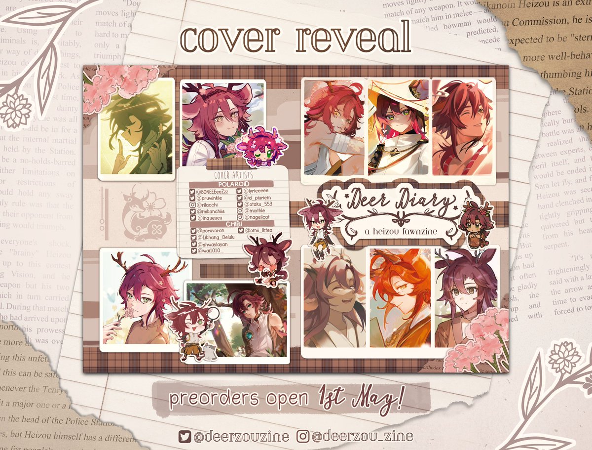 ✨ Aaaand here it is!! Our full cover for Deer Diary: A Heizou 'Fawnzine' !! ✨ Featuring a collage of deerzous from some of our wonderful contributors, this cover is our love letter to our favorite deer detective ~ 🩷