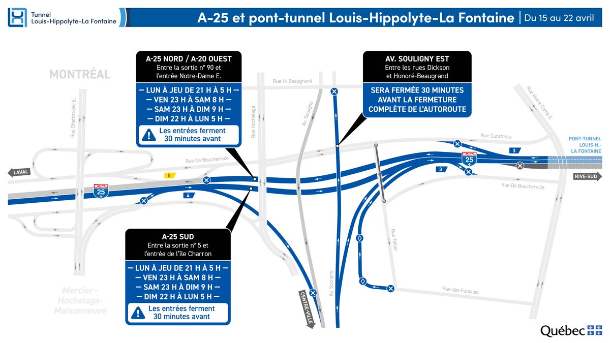 RAPPEL : Fermeture complète de soir et de nuit – jusqu’au 22 avril Le tunnel sera fermé dans les 2 directions, toutes les nuits. Nuit de vendredi à samedi, de 23h à 8h Nuit de samedi à dimanche, de 23h à 9h Nuit de dimanche à lundi, de 22h à 5h Nuit de lundi à jeudi, de 21h à 5h