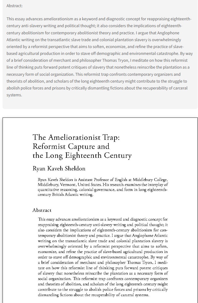 Another great flash essay, new in ECF: 'The Ameliorationist Trap: Reformist Capture and the Long Eighteenth Century,' by Ryan Kaveh Sheldon muse.jhu.edu/pub/50/article… ECF 36.2, April 2024, pp. 299-302 #18thCentury ReadECF at Project MUSE! @ProjectMUSE