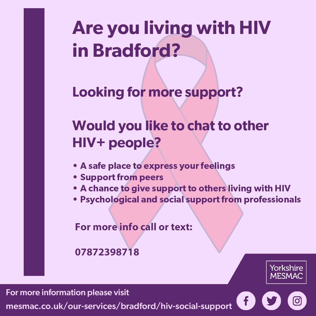 Did you know we have a regular HIV support group running in Bradford city centre?

Call or text if you'd like to join:

📞07872398718

@BTHFTHIVservice @HIVPreventionEn  @RBdcft 
 
#HIV #HIVPositive #HIVPrevention #EndHIVStigma #UEqualsU #KnowYourStatus  #LivingWithHIV