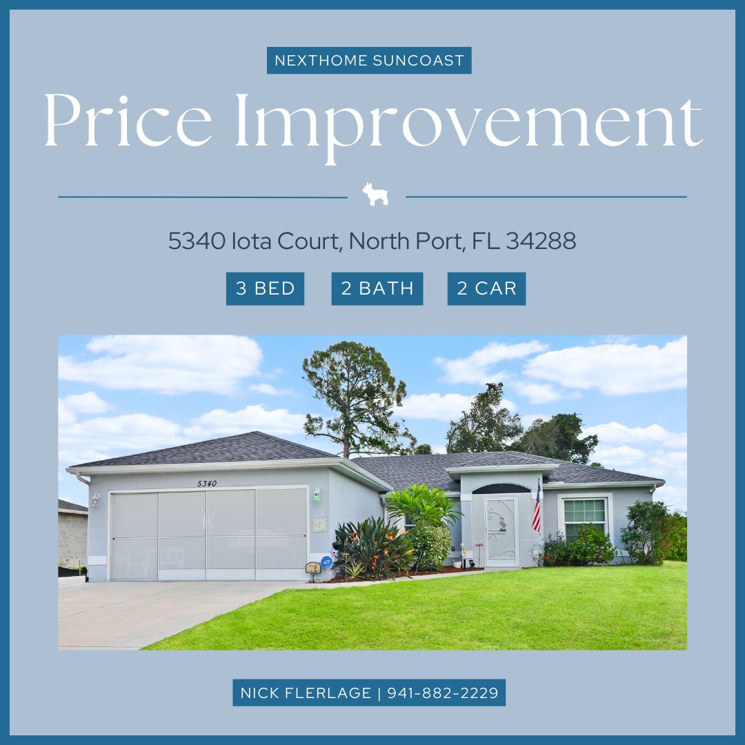 💥PRICE IMPROVEMENT💥

📍5340 Iota Ct
North Port, FL 34288

👇👇New Price👇👇
💲3️⃣0️⃣5️⃣,0️⃣0️⃣0️⃣

NextHome Suncoast
Nick Flerlage
👇CLICK BELOW FOR ALL INFO👇
nexthomesuncoast.com/details.php?ml…

#priceimprovement #pricedecrease #pricereduction #NorthPortFL #realestate #NextHomeSuncoast