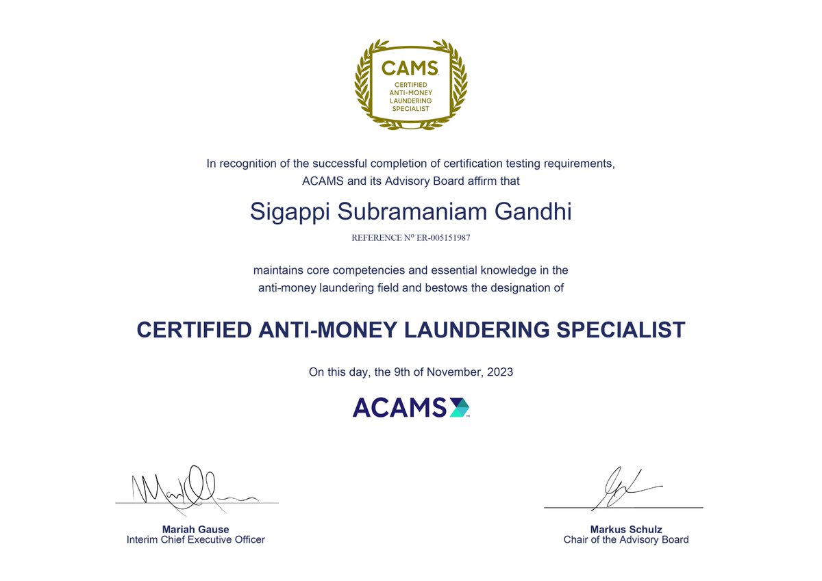 Congratulations, Sigappi Subramaniam on achieving the CAMS certification! Your dedication to combating financial crime is commendable. Keep making a difference! #cams #aml #compliance #dubai #sharjah