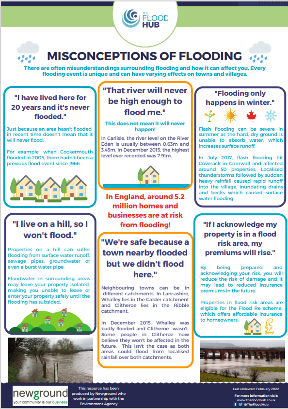 Misconceptions about #flooding are common 💧. Ever heard: 'Living on a hill means no flooding,' or 'Floods only happen in winter'? Not entirely true! Explore more myths and facts in our resource ➡️thefloodhub.co.uk/wp-content/upl…