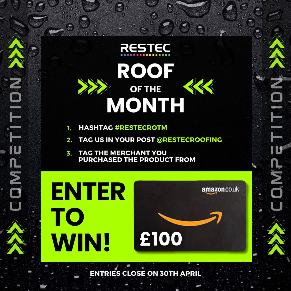 ✨𝗘𝗻𝘁𝗲𝗿 𝗥𝗲𝘀𝘁𝗲𝗰 𝗥𝗼𝗼𝗳 𝗼𝗳 𝘁𝗵𝗲 𝗠𝗼𝗻𝘁𝗵 ✨ 𝗪𝗜𝗡: £100 Amazon Voucher

The top 4 roofs will be chosen by a panel of experts with a public vote to take place on the first week of May!

ENTER NOW ⚠️

#restecrotm #flatroofing #competition