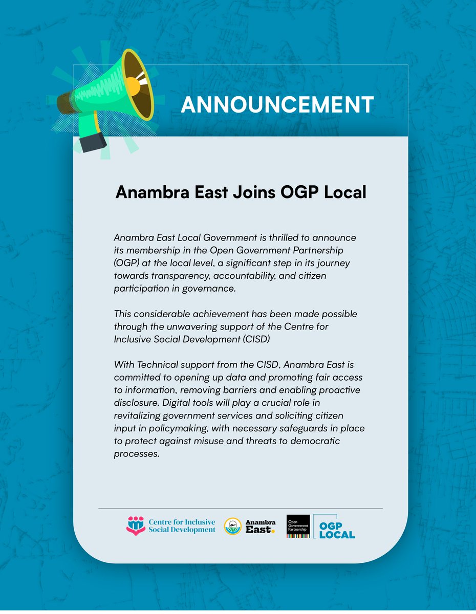 @AnambraEastLGA becomes the first LGA in Nigeria to join the @opengovpart network with the support of @mysocialchange. 
@SPradhanOGP 
#OgpLocal #opengov
Learn more 👇
 linkedin.com/posts/centre-f…