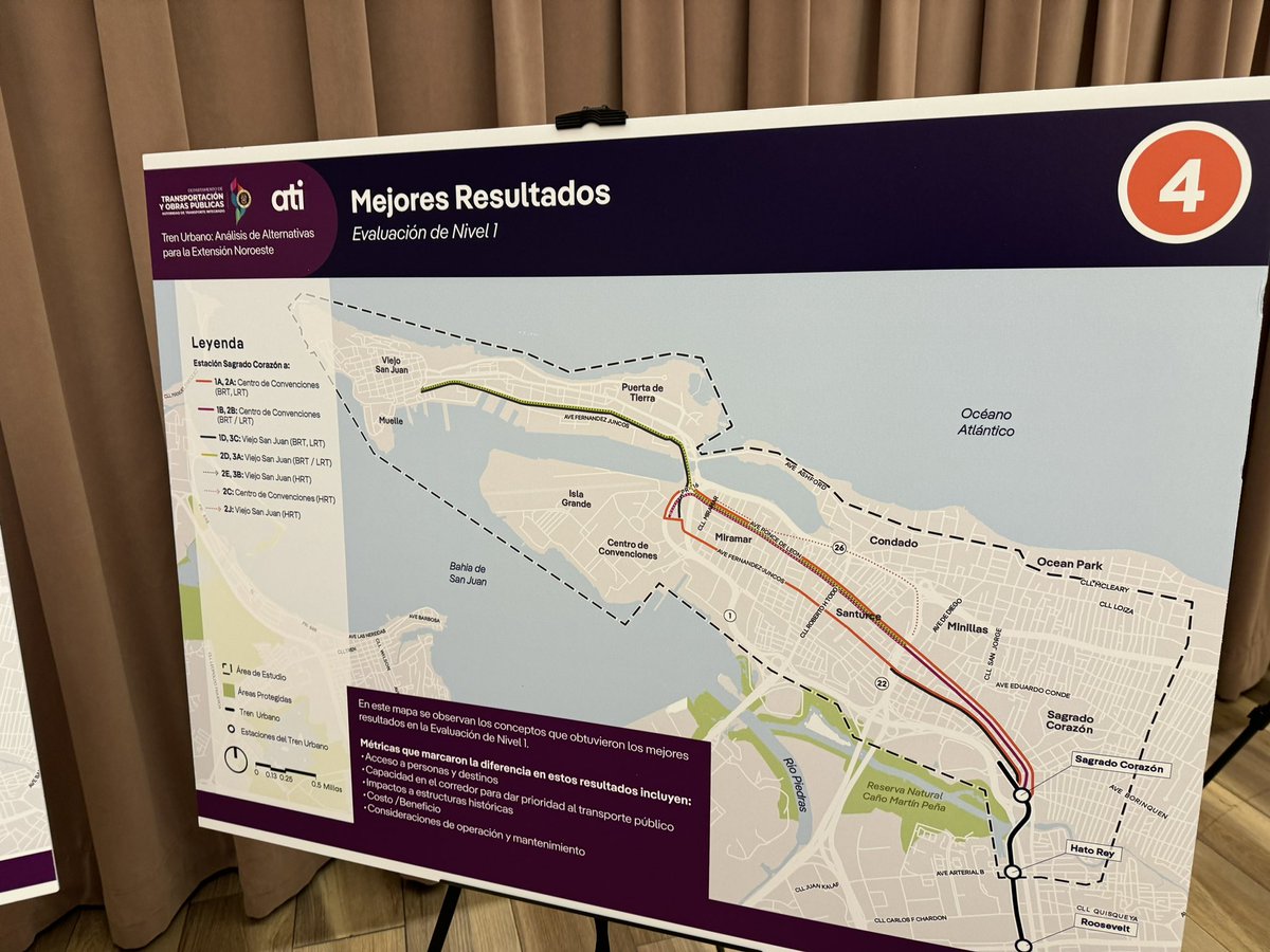davsot's tweet photo. Evento de extensión del Tren Urbano. Las opciones preferidas y alternativas por sección en Minillas, Miramar, Centro de Convenciones, y Viejo San Juan. No se analizó alternativa elevada por autopistas, cuando ésta representaría el menor impacto a negocios durante construcción. 🚇 https://t.co/DtM6hC5vFr