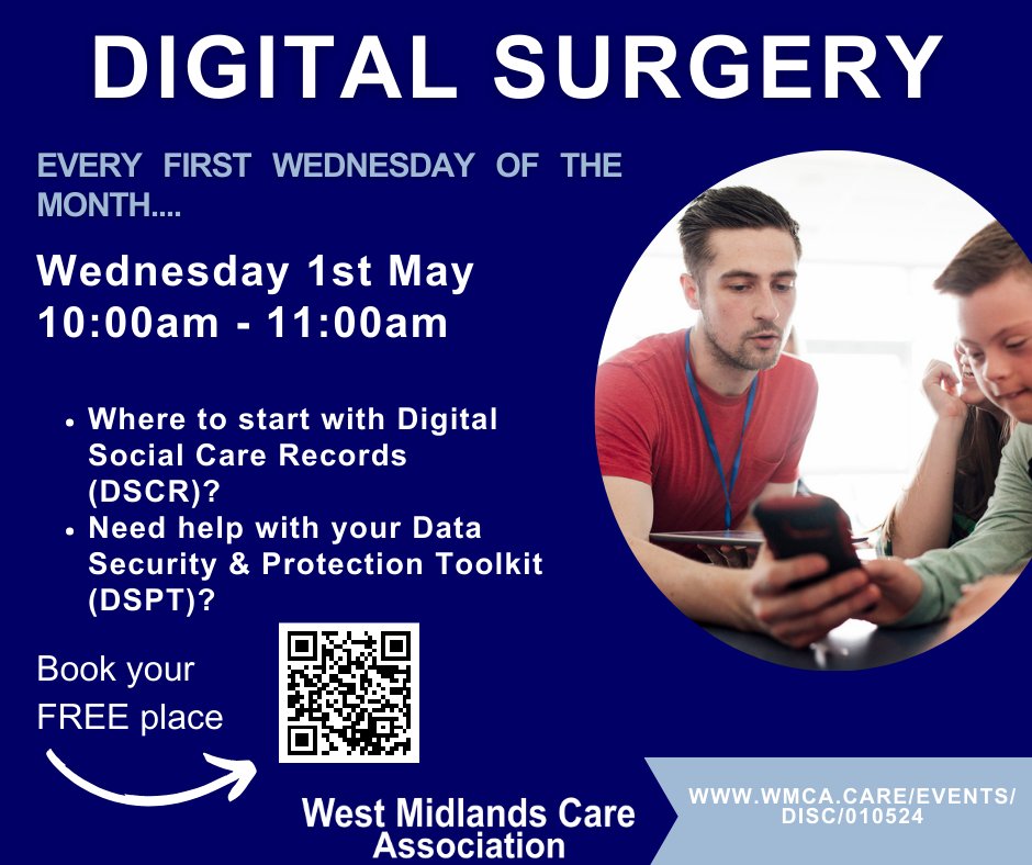 📲Upcoming Digital Surgery📲

Our monthly Digital Surgery sessions return on the first week of May‼

Don't miss out on this FREE support from our Digital team now, book your place here 👉wmca.care/events/disc/01…

#Adultsocialcare #DigitalCare #DSPT