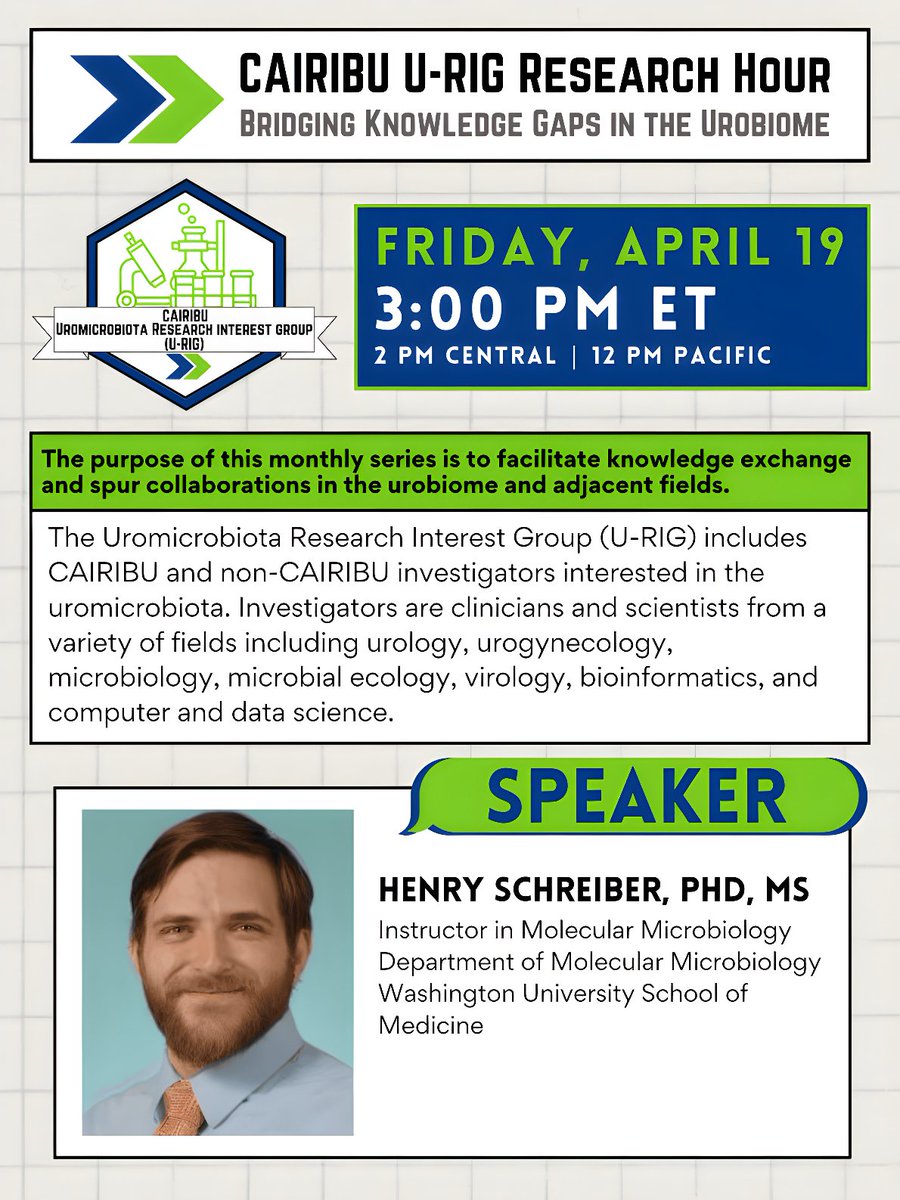 FRIDAY Tune in to the next CAIRIBU U-RIG RESEARCH HOUR with Henry Schreiber, PhD, MS. Dr. Schreiber will be discussing how microbial dysbiosis in recurrent urinary tract infection alters the gut-bladder axis. More information🔽 cairibu.urology.wisc.edu/event/cairibu-…