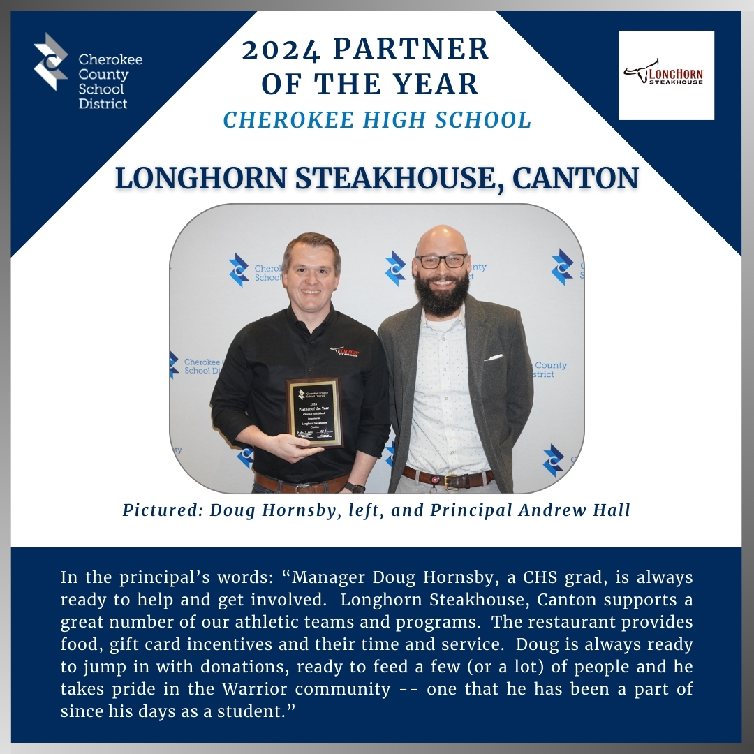 We appreciate partners' support of our schools, which is why we celebrate their service here – congratulations to Cherokee HS 2024 Partner of the Year: Longhorn Steakhouse, Canton.
#CCSDPartnersInAction #CCSDfam