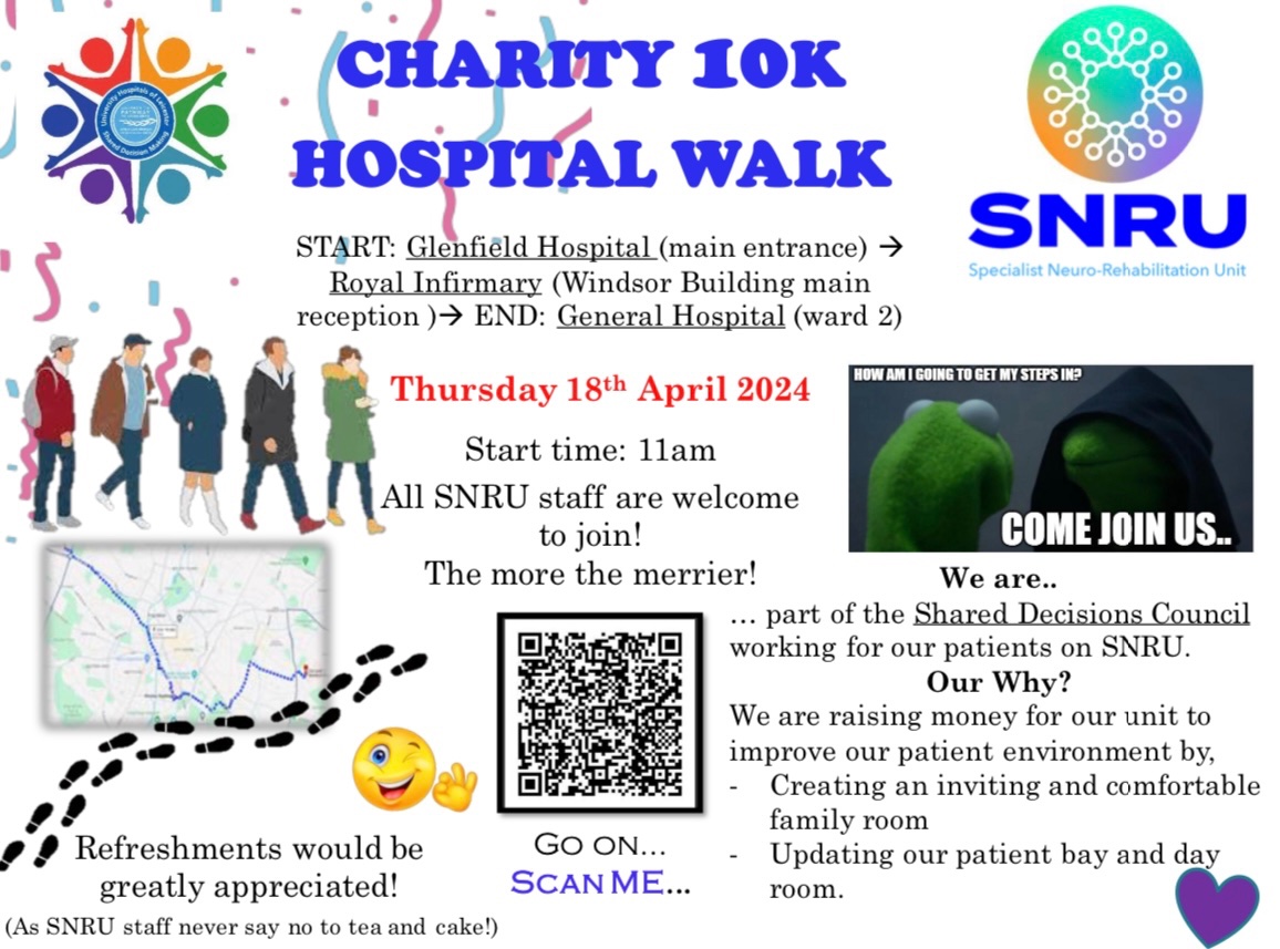 Only a few days left.. 🗓️
Our shared decision-making council has organised the Charity 10k Hospital Walk to raise funds for our unit this Thursday🤩
If you’ve missed our posters dotted around the hospitals there’s still chance to donate using our barcode or Follow the link ⬇️⬇️