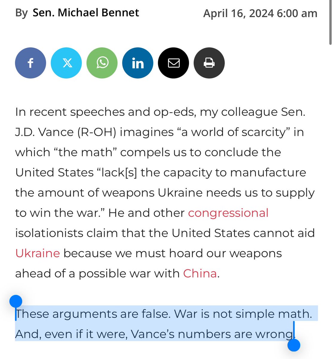 In this op-ed by my Democratic colleague Michael Bennet, he asserts that my math is wrong and then doesn’t address my math at all. The foreign policy establishment has lived so long in a bubble that their capacity to make arguments has atrophied.