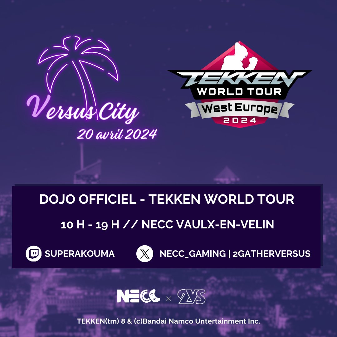 Le prochain Versus City est un DOJO officiel du Tekken World Tour - West Europe (@BNEesports) 🗓️ 20 avril 2024 - à partir de 10 h 00 📍14 avenue Georges Dimitrov - 69120 Vaulx-en-Velin (arrêt : Allende-Egalité) Inscriptions ⬇️ start.gg/tournament/ver…