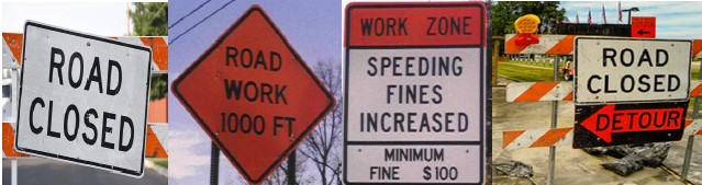 Q: What kind of signs are in Work Zones? A: Warning Signs - Construction and maintenance warning signs are used extensively in street and highway work zones. These signs are normally diamond shaped, having a black symbol or message on an orange background. #NWZAW #DAAA