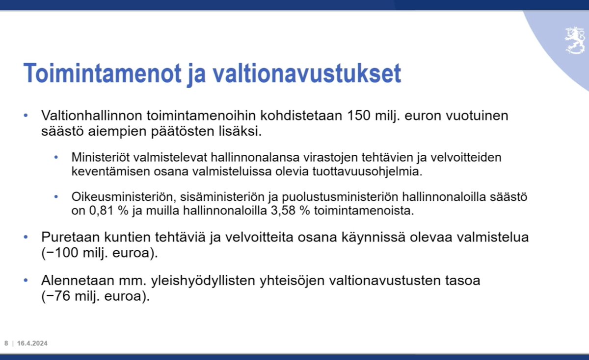 Valtionhallintoon iso säästä jo valmiiksi ison (243 me) päälle. Tässä syytä nyt muistaa, että kyseessä on valtion budjetissa pieni kokonaisuus, jolla taloutta ei pelasteta, mutta laadukkaalle valmistelulle ja toimeenpanolle iso heikennys. Kyllä tämä huolestuttaa. #kehysriihi